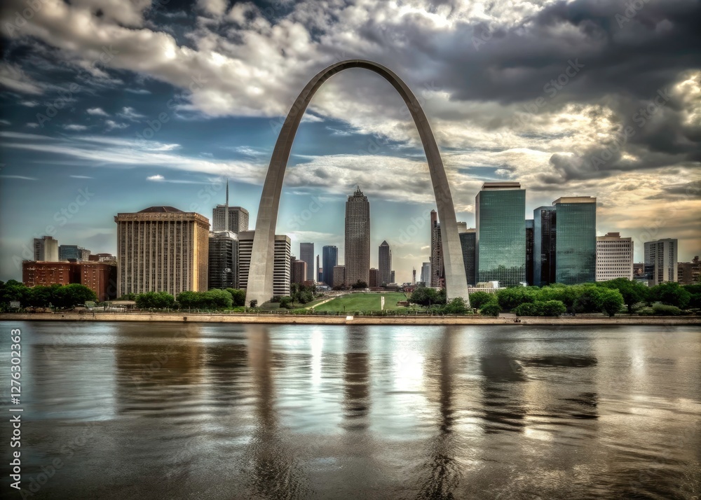 Fototapeta premium St. Louis Gateway Arch Landscape Photography - Scenic Missouri Riverfront Views - 1959 Aesthetic