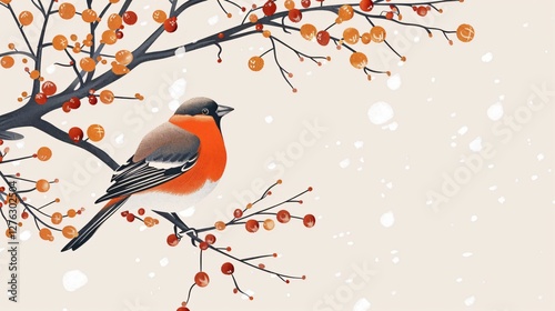 Captivating Winter Bird Illustration: Bullfinch in Vibrant Hues