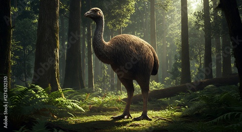 Moa Bird Standing in Lush Forest Clearing with Sunlight Streaming Through