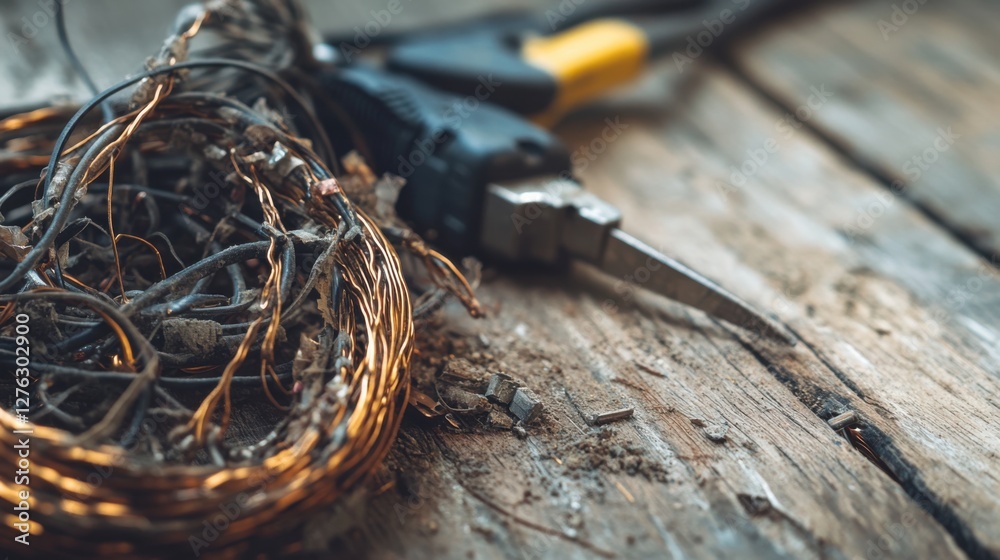 Fototapeta premium Damaged cables resting on a wooden surface with tools nearby. Featuring frayed insulation and exposed copper