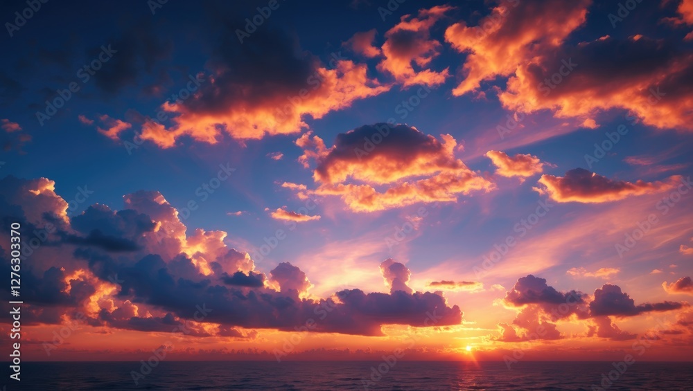 Naklejka premium vibrant sunset over calm ocean with dramatic clouds and rays of light illuminating the sky in warm hues of orange and purple