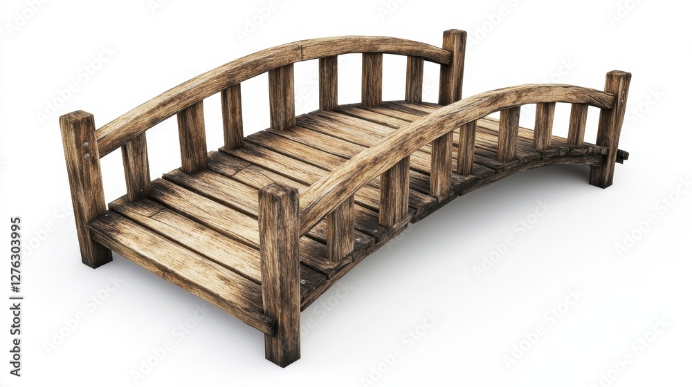 Rustic wooden bridge with arching design isolated on white background Rustic wooden bridge with arching design isolated on white background