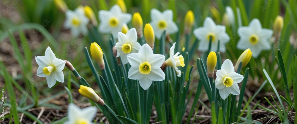 Fototapeta premium Close-up of blooming white daffodils with yellow buds set against a green background in a garden field during spring season.