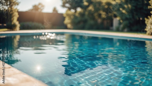 Clear blue swimming pool with reflections and sunlight, surrounded by a green garden in a residential area during daytime