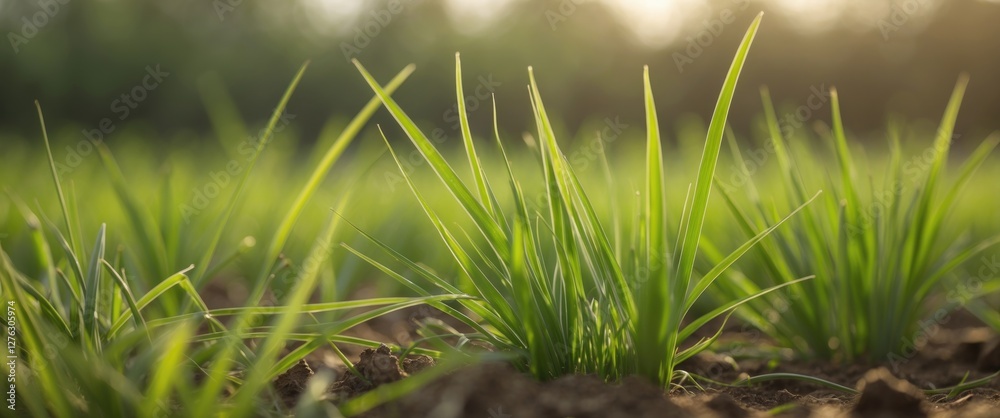Obraz premium Close-up view of green grass blades growing from dark soil in a sunlit field during early morning hours