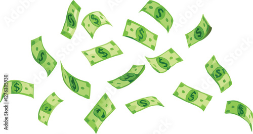 Playful Money Illustration: Green Dollar Bills in Motion" Description: "This vibrant vector
