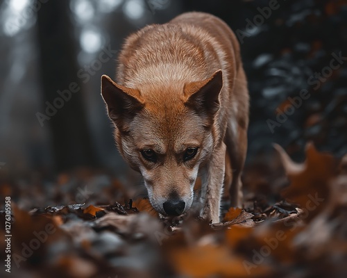 Autumn dog sniffing leaves in forest