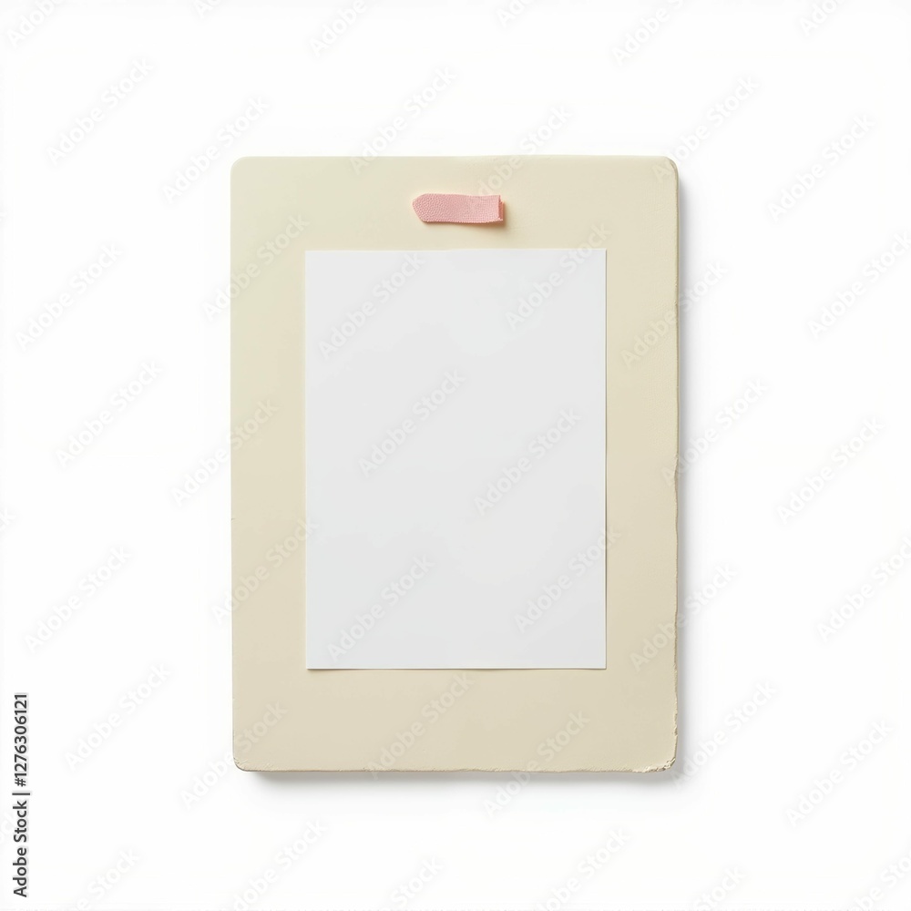 Minimalist Composition of Cream Board with White Paper Secured by Pink Tape on Clean Background Minimalist Composition of Cream Board with White Paper Secured by Pink Tape on Clean Background