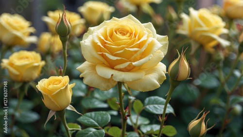 Yellow roses blooming in a garden with green foliage and multiple buds in the background, captured in natural light.