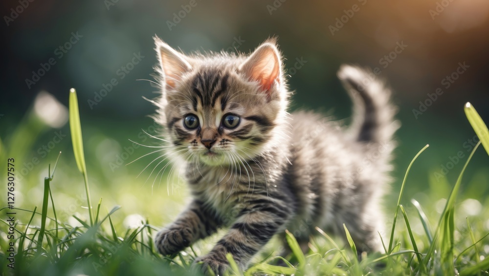 Tabby kitten walking on grass in soft sunlight with blurred background and green blades of grass in focus Tabby kitten walking on grass in soft sunlight with blurred background and green blades of grass in focus