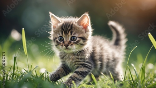 Wallpaper Mural Tabby kitten walking on grass in soft sunlight with blurred background and green blades of grass in focus Torontodigital.ca