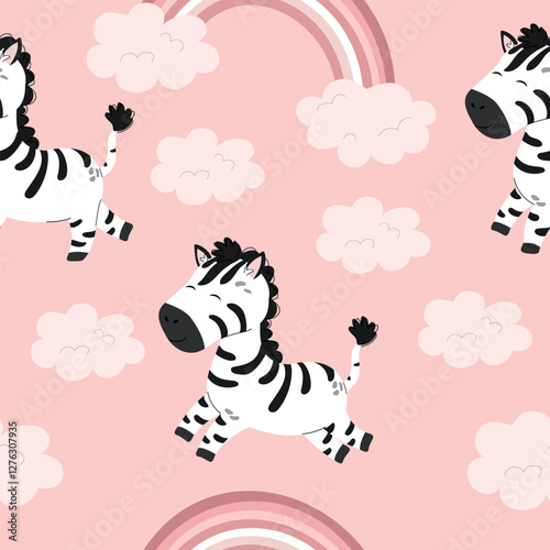 Pink vector pattern with zebras. Cute zebras are running. Children's vector illustration for fabric, textile, wallpaper, wrapping paper