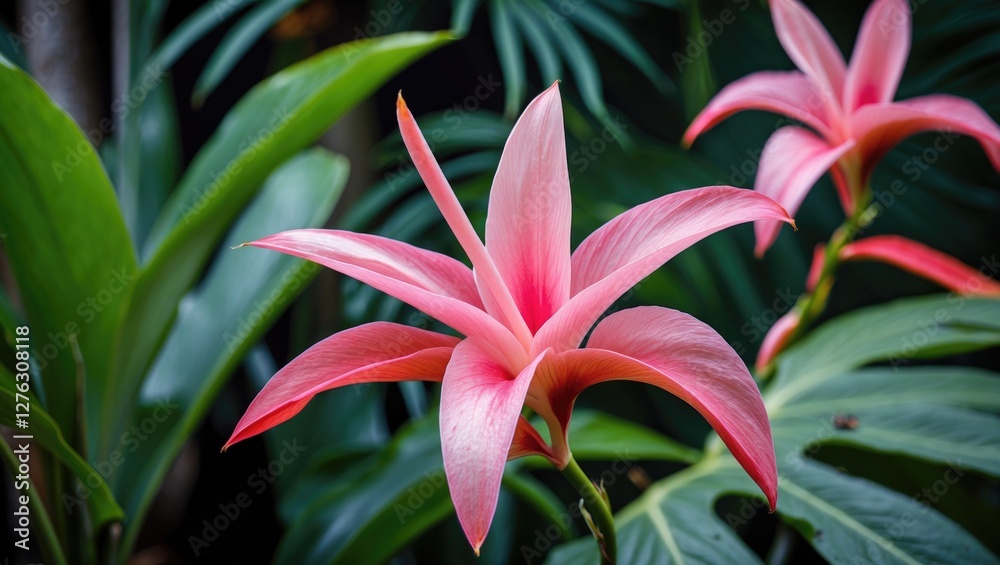 Pink tropical flower with pointed petals surrounded by lush green foliage in a botanical garden setting Pink tropical flower with pointed petals surrounded by lush green foliage in a botanical garden setting