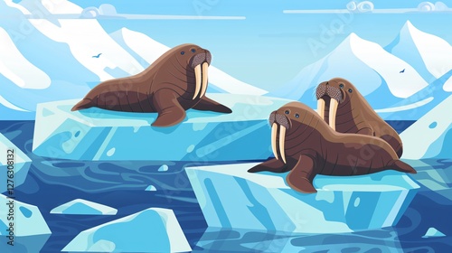 Adorable Walruses Lounging on Icebergs Vector Illustration