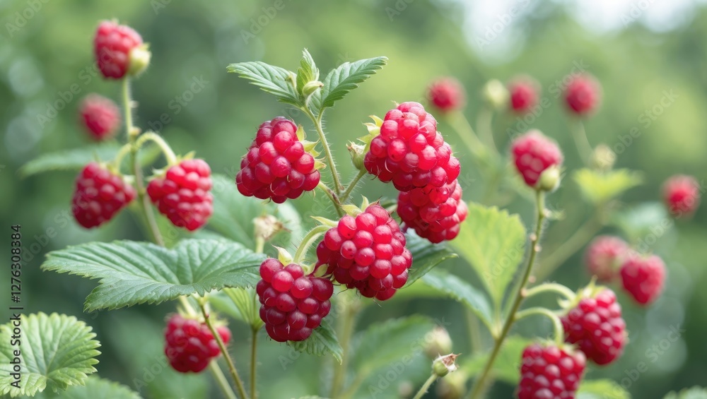 Ripe red raspberries on green bush with leaves in natural light outdoors close-up detail of fresh fruit and foliage Ripe red raspberries on green bush with leaves in natural light outdoors close-up detail of fresh fruit and foliage