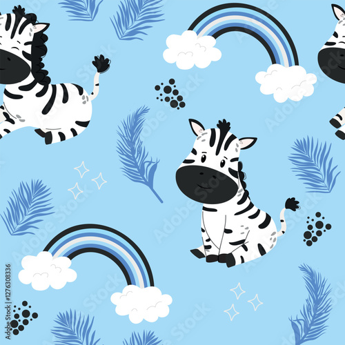 Children’s animals pattern with zebra. Safari animal on blue background with rainbow, palm leaves. 