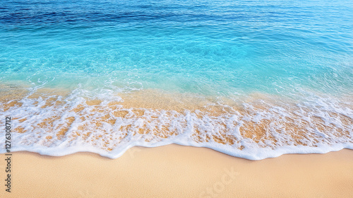 A tropical shoreline with pristine sand and crystal-clear water