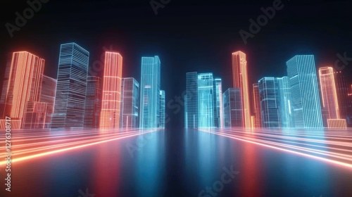 Futuristic city skyline with neon lights, cyberpunk-inspired atmosphere, glowing skyscrapers, high-tech urban environment, ultra-HD clarity