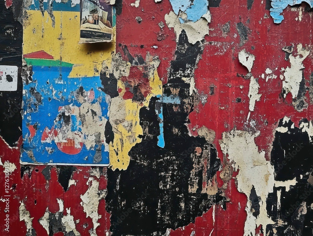 Fototapeta premium Weathered Urban Wall with Layers of Torn Posters and Vibrant Colors Graphic Texture and Pattern