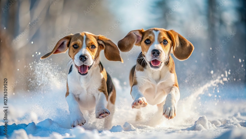 Playful Beagle Harrier Puppies Frolicking in Snowy Wonderland Playful Beagle Harrier Puppies Frolicking in Snowy Wonderland