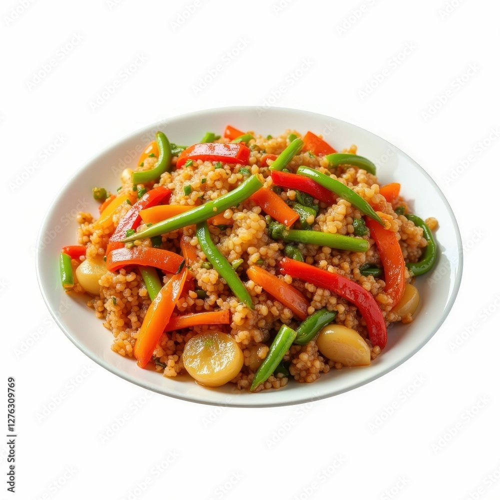 Plate of Couscous Salad with Colorful Vegetables and Garlic Cloves on White Background Delicious Plate of Couscous Salad with Colorful Vegetables and Garlic Cloves on White Background Delicious