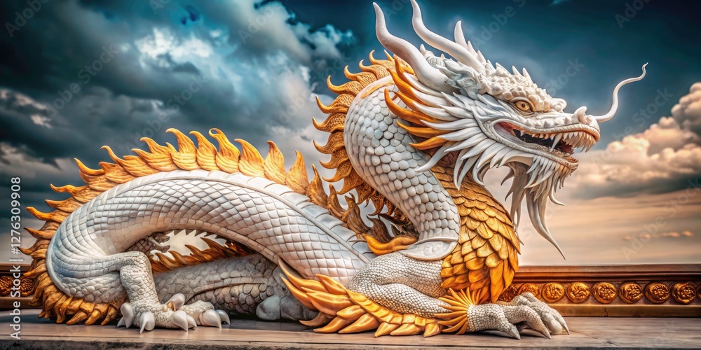 Fototapeta premium Vintage White Dragon Photography, Black Background, Curled S Shape, Fantasy Art, Mythical Creature