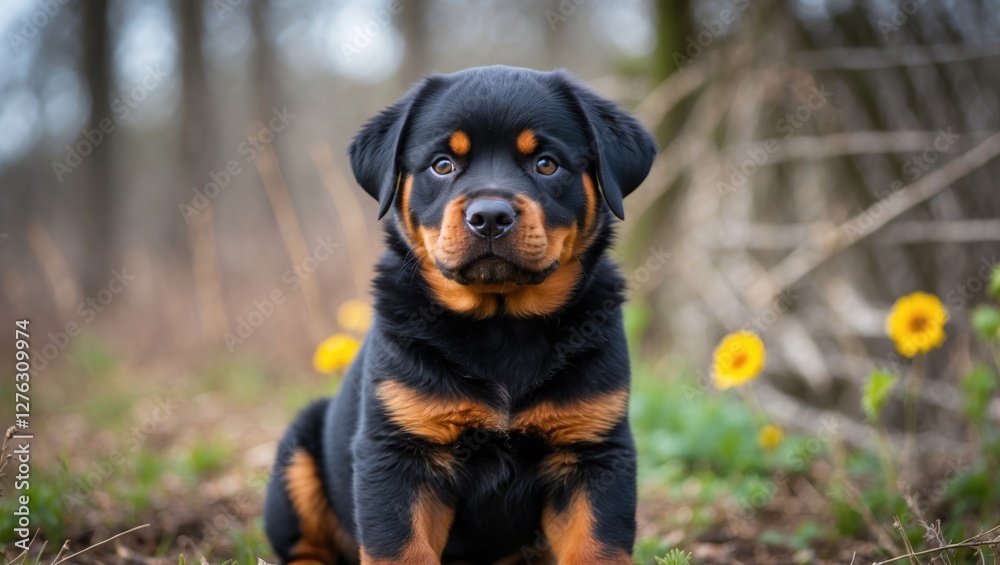 Rottweiler puppy sitting in a grassy area with yellow flowers blurred in the background during daytime outdoors Rottweiler puppy sitting in a grassy area with yellow flowers blurred in the background during daytime outdoors