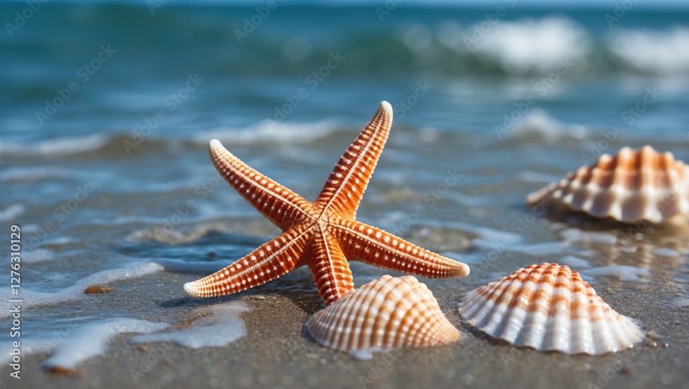 Starfish and seashells on wet sandy beach near ocean shore with gentle waves in background during daylight. Starfish and seashells on wet sandy beach near ocean shore with gentle waves in background during daylight.
