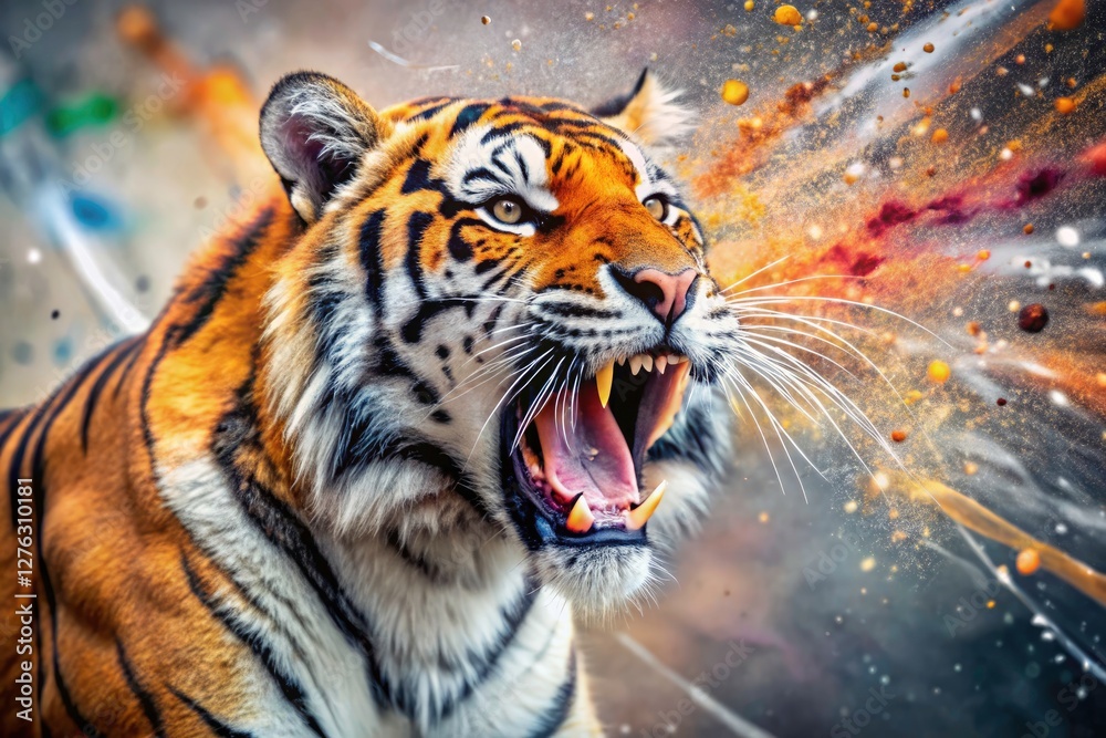Naklejka premium Wild Tiger Double Exposure, Paint Splatter, Action Pose, Dynamic Art, Screaming Tiger, Big Cat, Wildlife Photography, Animal Art, Abstract Art, Fierce Tiger