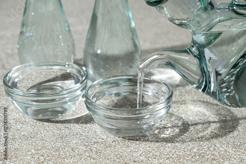 White distilled vinegar is poured into a glass vinegar bowl. photo