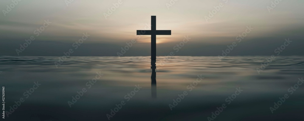 Cross Symbol in Still Water Reflecting Light Religious Contemplation and Hope Serene Spiritual Scene Cross Symbol in Still Water Reflecting Light Religious Contemplation and Hope Serene Spiritual Scene