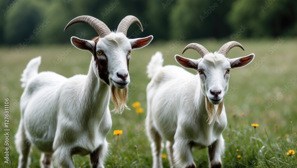 Two goats standing in a meadow surrounded by greenery and wildflowers during daylight. The goats have distinctive horns and fur patterns. Two goats standing in a meadow surrounded by greenery and wildflowers during daylight. The goats have distinctive horns and fur patterns.