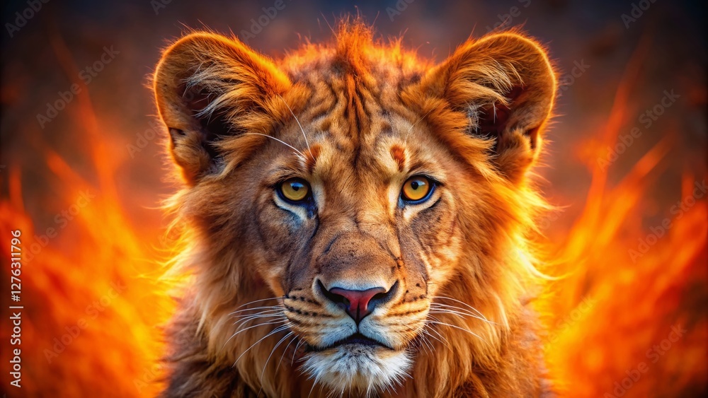 Naklejka premium Powerful Fiery Lion Cub Portrait: Wildlife Energy and Nature's Majesty