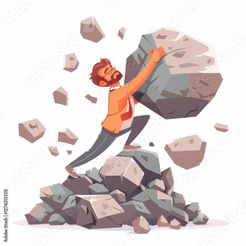 A man is trying to lift a large rock