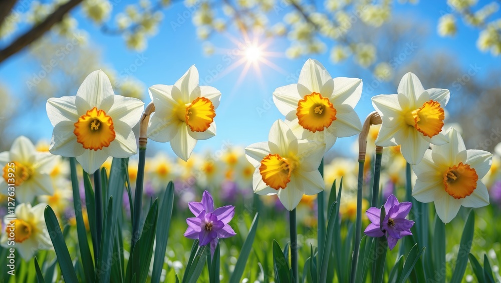 Daffodils and purple flowers in a sunny field with blurred background and sun rays shining through trees Daffodils and purple flowers in a sunny field with blurred background and sun rays shining through trees
