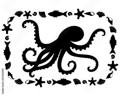 Octopus, sea animal in a rectangular frame - vector silhouette for printing or cutting. Marine composition stencil with octopus and other sea animals	