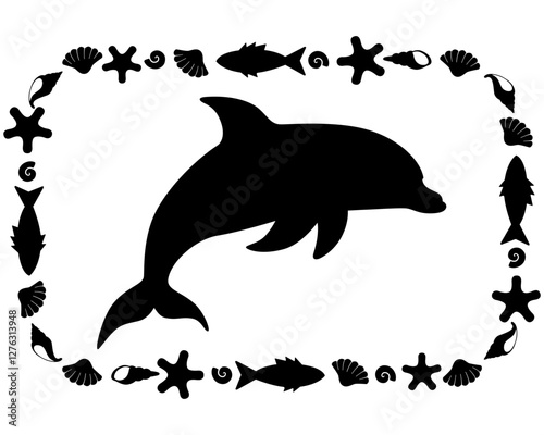 Dolphin, sea animal in a rectangular frame - vector silhouette for printing or cutting. Marine composition stencil with a dolphin and other sea animals	