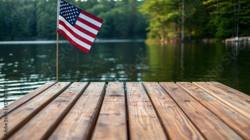 American Flag on Wooden Dock Overlooking Tranquil Lake Scene at Summer Peaceful Landscape