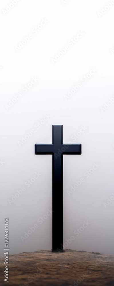 Solitary Black Cross on Hilltop in Overcast Setting Religious Symbol of Faith and Reflection Solitary Black Cross on Hilltop in Overcast Setting Religious Symbol of Faith and Reflection
