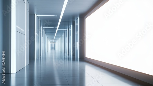 Futuristic Corridor Long Perspective with Bright Light and Smooth Reflections Architectural Illusion