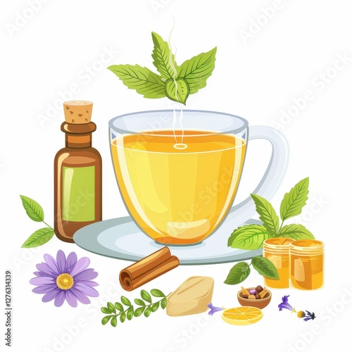 A cup of tea with a sprig of mint and a cinnamon stick in it