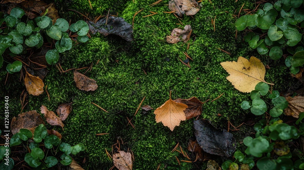 Lush Green Moss-Laden Forest Floor with Fallen Leaves and Delicate Ferns Illuminated by Soft Natural Light Lush Green Moss-Laden Forest Floor with Fallen Leaves and Delicate Ferns Illuminated by Soft Natural Light