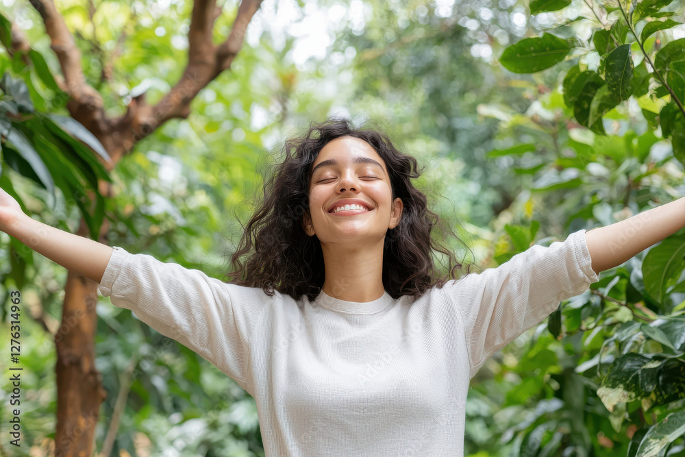 Joyful woman enjoying nature with arms outstretched in a lush green environment. Joyful woman enjoying nature with arms outstretched in a lush green environment.