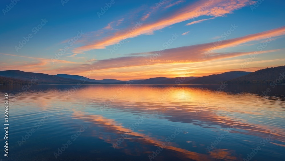Sunset over tranquil lake with reflections of clouds and mountains under a colorful sky in a serene natural landscape. Sunset over tranquil lake with reflections of clouds and mountains under a colorful sky in a serene natural landscape.