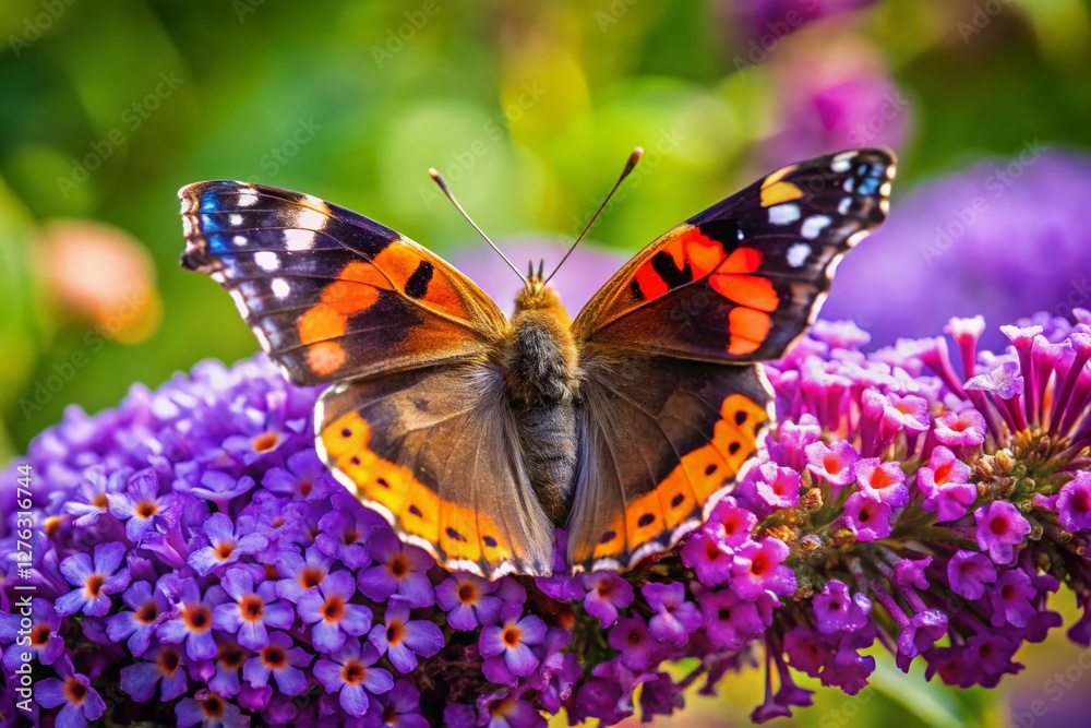 Red Admiral Butterfly on Buddleja Davidii Flower - Lilac Garden Scene Red Admiral Butterfly on Buddleja Davidii Flower - Lilac Garden Scene
