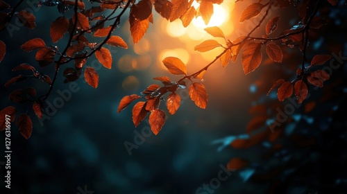 Autumn leaves, backlit, forest, golden light photo