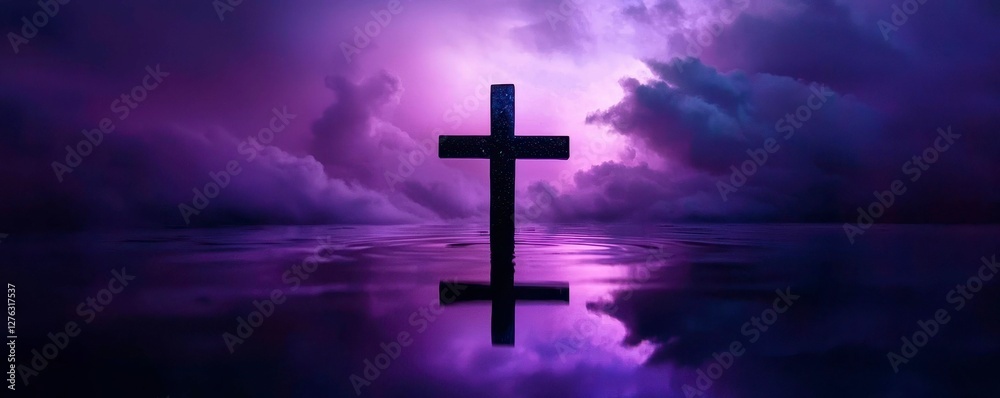 Cross Silhouette Against a Purple Sky and Water Reflection Landscape Christian Symbol Hope Religion Cross Silhouette Against a Purple Sky and Water Reflection Landscape Christian Symbol Hope Religion