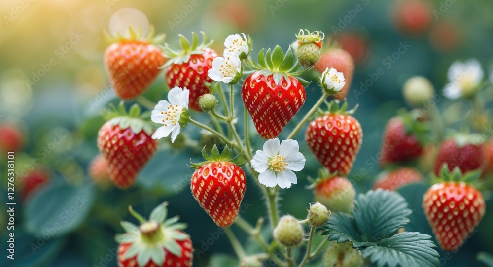 Fresh ripe strawberries with flowers and green leaves in a garden setting during daylight natural lighting. Fresh ripe strawberries with flowers and green leaves in a garden setting during daylight natural lighting.