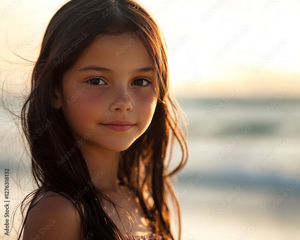 Portrait of a young girl with long dark hair standing by the beach, showcasing natural beauty and serenity in a warm, glowing sunset atmosphere. Portrait of a young girl with long dark hair standing by the beach, showcasing natural beauty and serenity in a warm, glowing sunset atmosphere.