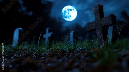 Eerie Graveyard Scene with Old Tombstones under the Glow of a Large Moon on a Dark Night